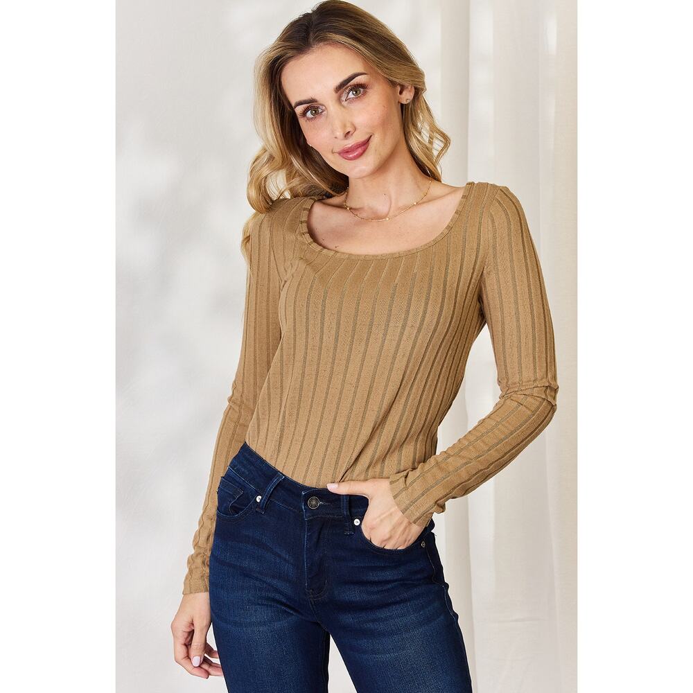 BASIC BAE Khaki Ribbed Scoop Neck Long Sleeve Casual Top NEW